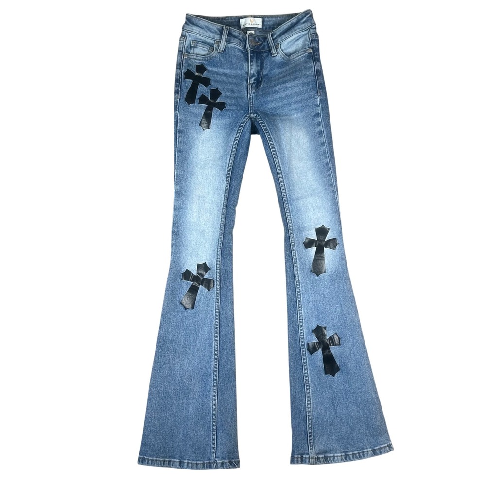 Austin Landing Womens 00 Flare Jeans Blue Cross Patch Gothic Y2K Medium Wash